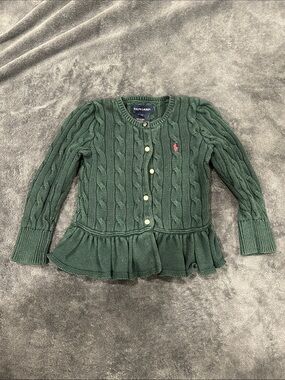 Ralph Lauren Dark Green Cable Knit Peplum Cardigan with Pink Pony